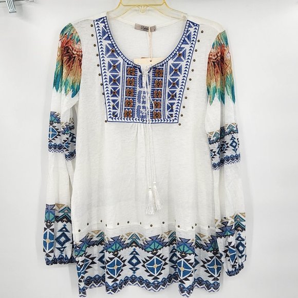 MONTANA WEST Delila Boho Embroidered Aztec Graphic Long Sleeve Blouse Small NWT - Picture 5 of 12